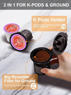 Slim Single Serve Coffee Maker, Fast Brew for K-Cup & Ground Coffee Small One Cup Coffee Maker, 6-12 Oz Brew Sizes, Coffee Machine with Descaling Reminder and Water Window,Black