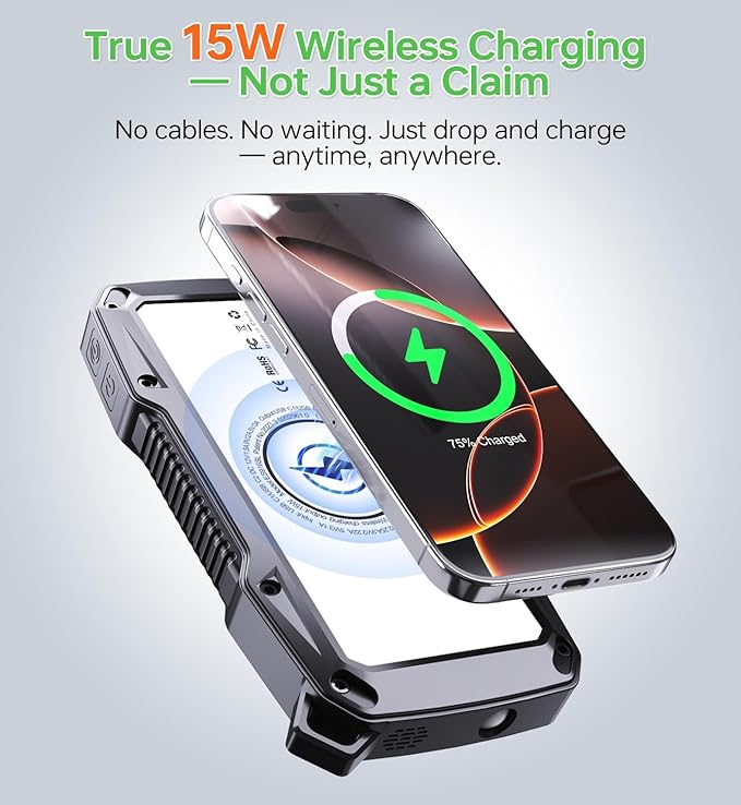 ABFOCE Solar Power Bank 10000mAh with 22.5W Fast Charging, Sensor Alarm, 15W Wireless Charger LED Flashlight, Battery Pack, Solar Panel Charger for iPhone 16 15 14 iPad Samsung Outdoor Camping Hiking