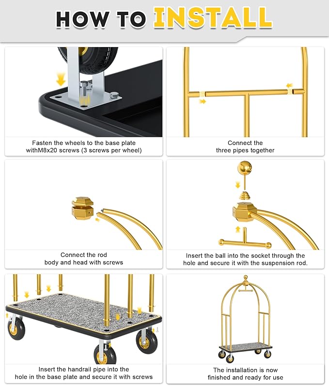 Hotel Luggage Cart, Brushed Stainless Steel Finish Bellman's Cart, Valet Cart with Grey Carpeted Deck and 8‘’ Rubber Wheels, Ideal for Hotels, Condos, Resorts, 1300Lbs Load (Gold, 42''L x 74''H)
