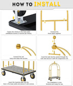 Hotel Luggage Cart 1300 LBS, Bellman's Cart with Brushed Stainless Steel & 8-inch Rubber Wheels, Valet Cart with Grey Carpeted Deck for Hotels, Condos, Resorts