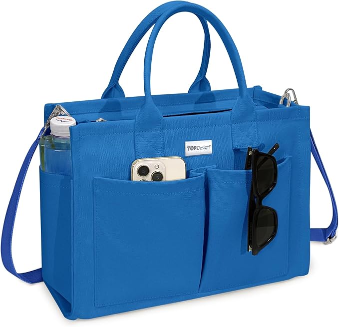 TOPDesign Heavy-Duty Canvas Tote Bag for Women, Adjustable Crossbody/Shoulder Handbag with 9 Pockets, Everything Tote
