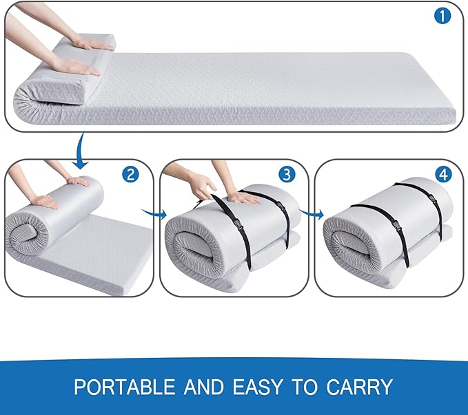 Memory Foam Camping Mattress Pad 3 Inch Thick, Portable Sleeping Pad with Waterproof Cover, Portable Roll Up Cot Mattress Pad Floor Mat for Travel Truck Bed Tent, 72"×24"×3", Light Gray