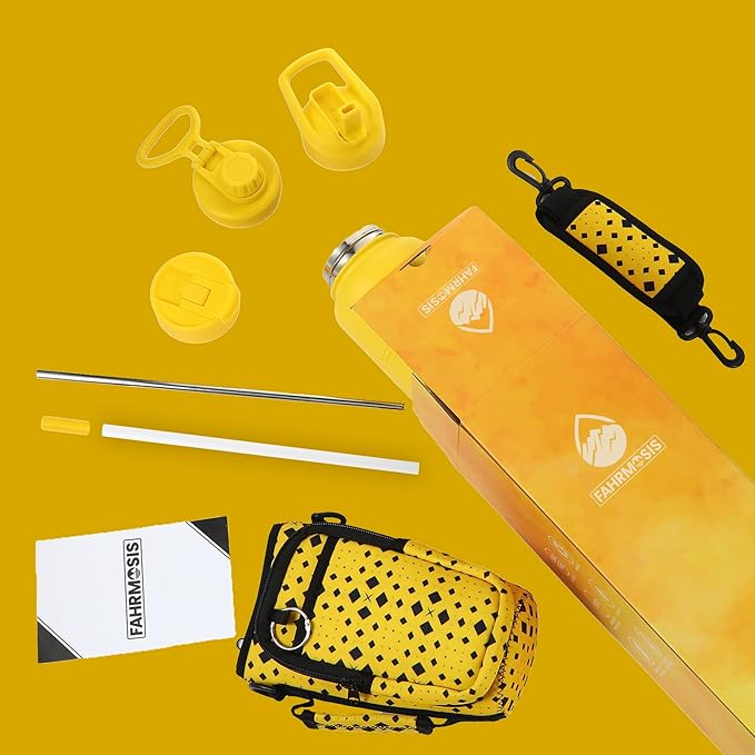 32 Oz Insulated Water Bottle with Strap Stainless Steel Sports Water Bottle with 3 Lids (Straw, Chug & Flip Lid) 1 Liter Leak Proof Insulated Metal Jug for Men & Women - Yellow