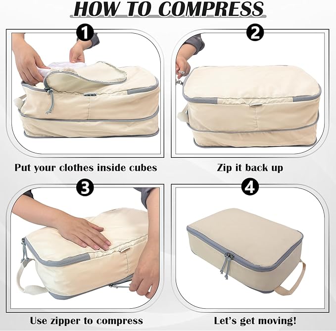 Large Compression Packing Cubes for Travel, 2 Set Compression Bags Travel Cubes for Packing Suitcase Luggage Organizer, Beige
