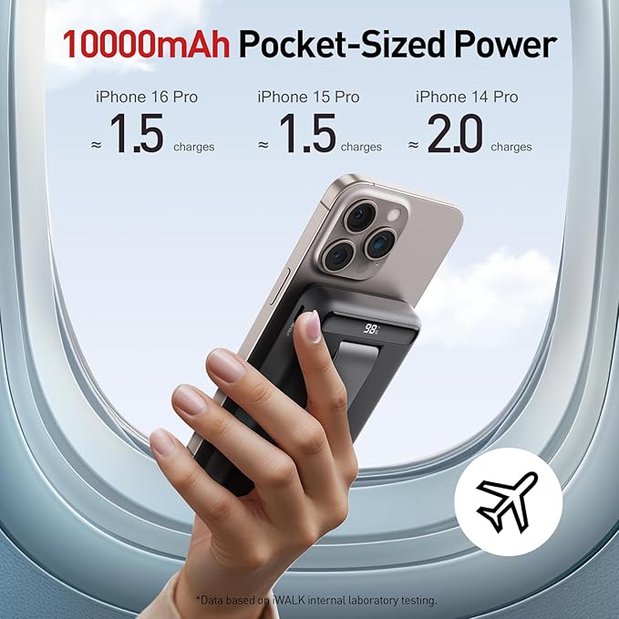 iWALK Qi2 Certified 15W Magnetic Wireless Power Bank, 10000mAh Portable Charger with Adjustable Stand & LED Display, Fast Charging for iPhone 16/15/14/13/12 Pro/Pro Max/Plus/Mini