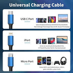 USB C Multi Charging Cable, 2Pack 5FT Multiple Charger Cord, 3 in 1 Universal Charger Cable with Type-C/Micro USB and IP Port, Compatible with Most Cell Phones-Blue