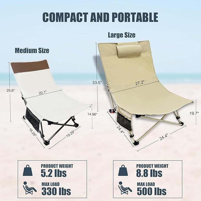 Compact Backpack Beach Chairs 2 Pack with Adjustable Backrest & Side Pocket, Low Folding Camping Chairs for Adults, Portable Reclining Chairs for Beach, Lawn, Travel