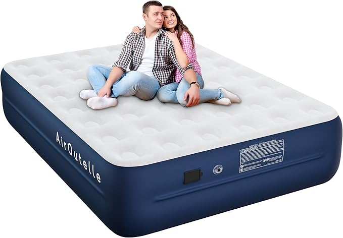 Air Mattress with Battery Pump, Rechargeable USB Electric Pump, Dutch Velvet Surface Self Inflatable Mattress Queen, Portable Air Bed for Camping, Indoor and Outdoor (18" Blue)