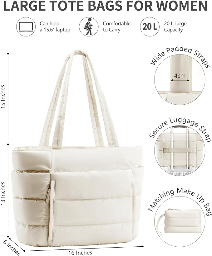 Puffer Tote Bag for Women, Lightweight Puffy Work Handbag Teacher Nurse Quilted Shoulder Bag for School Travel Gym