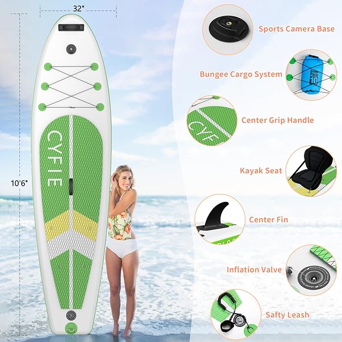 CYFIE 10'6''Inflatable Stand Up Paddle Board, Paddle Boards with Premium SUP Paddle Board Accessories, Removable Kayak Seat and Camera Mount for Yoga, Kayaking, Surf, Fishing