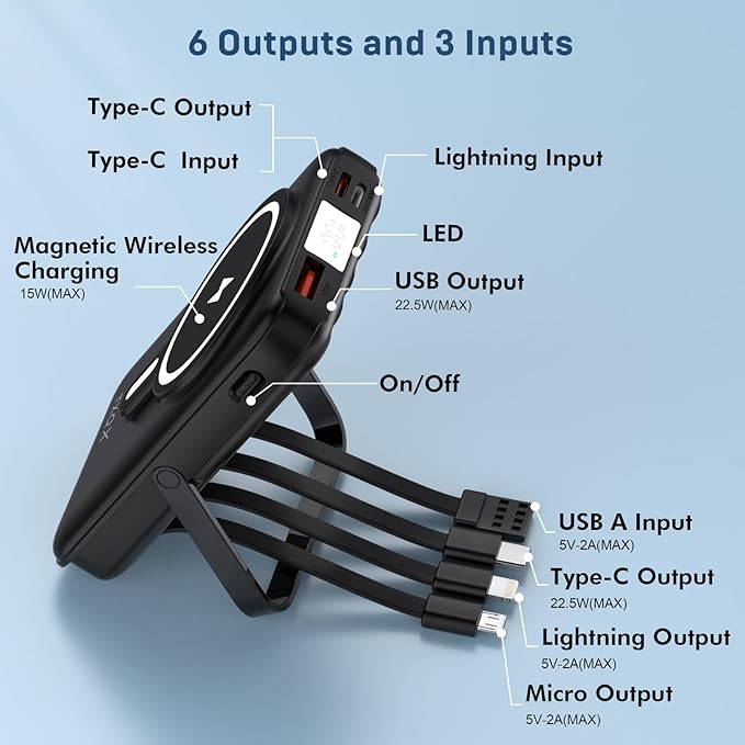 Wireless Portable Charger 10000mAh,Magnetic Power Bank with Built-in Cables LED Display,22.5W PD Fast Charging for Magsafe Battery Pack Compatible with iPhone16/15/14/13/12/Pro/Pro Max (Black)