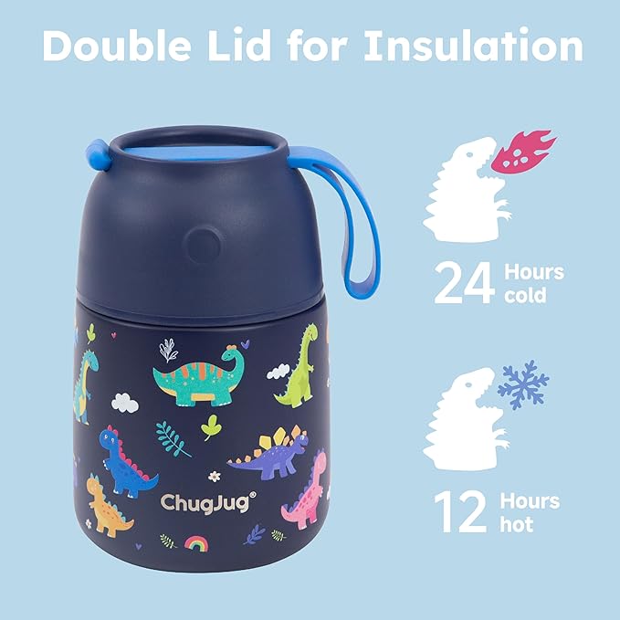 Kids Soup Thermo for Hot Food - 18 oz Wide Mouth Insulated Food Jar with Spoon for Kids| Leakproof Stainless Steel Lunch Thermo Container for Hot Food,School Travel - Easy Carry (Blue Dinosaur)