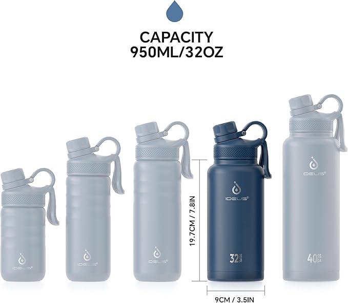 IDEUS Insulated Stainless Steel Water Bottle with 2 Leak-Proof Lids, Thermal Water Flask for Hiking Biking, 32oz, Navy Blue
