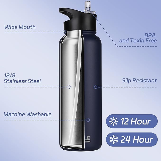 HASLE OUTFITTERS 40oz Stainless Steel Water Bottle, Vacuum Insulated Double Walled Leak Proof Sports Water Bottle with 2 Lids (Straw and Spout Lid) Thermo Mug Keep Cold and Hot(Navy,4）