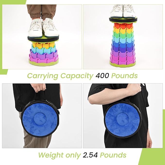2 Pack Upgraded Collapsible Stool Folding Stool with Cushion,Retractable Folding Stool Max Load Capacity 400lbs, Portable Telescoping Stools for Camping Hiking Outdoor BBQ -Rainbow-Green