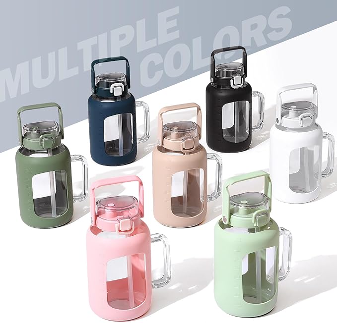 BLUEGO Water Bottle 64 oz Tumbler with Lid and Straw, Glass Water Bottle with Straw, Water Tumbler with Handle Half Gallon Water Jug Large Waterbottle for Daily Water Intake, BPA Free, Black