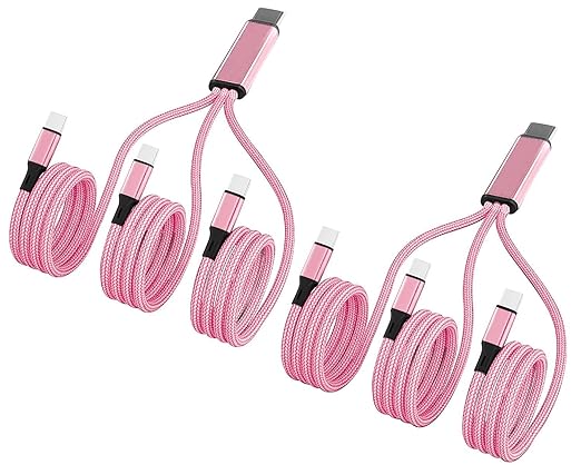 Multi USB C Cable 4FT 2Pack, 3 in 1 Multiple Type C Charging,3A Splitter USB-C Charger, PinkNylon Cord,USB C to 3 USB C Port, Compatible with iPhone 15,iPad Pro,Samsung S23,Google,Android,Kindle fire