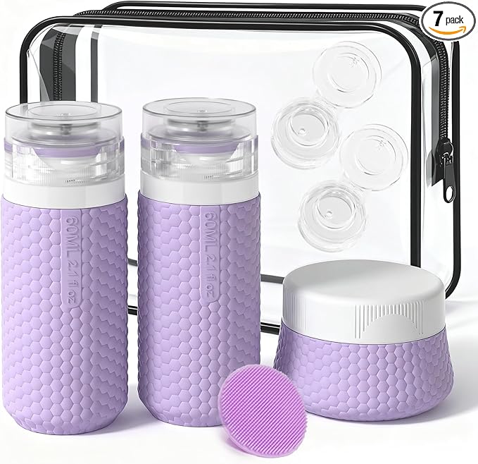 Travel Bottles for Toiletries 2oz 60ml 2 Pack + Cosmetic Jar 40ml 1.35oz Luxury Leather Pattern, Anti-slip Silicone Premium Refillable Bottle Set with Facial Brush On-the-go, Lavender Purple