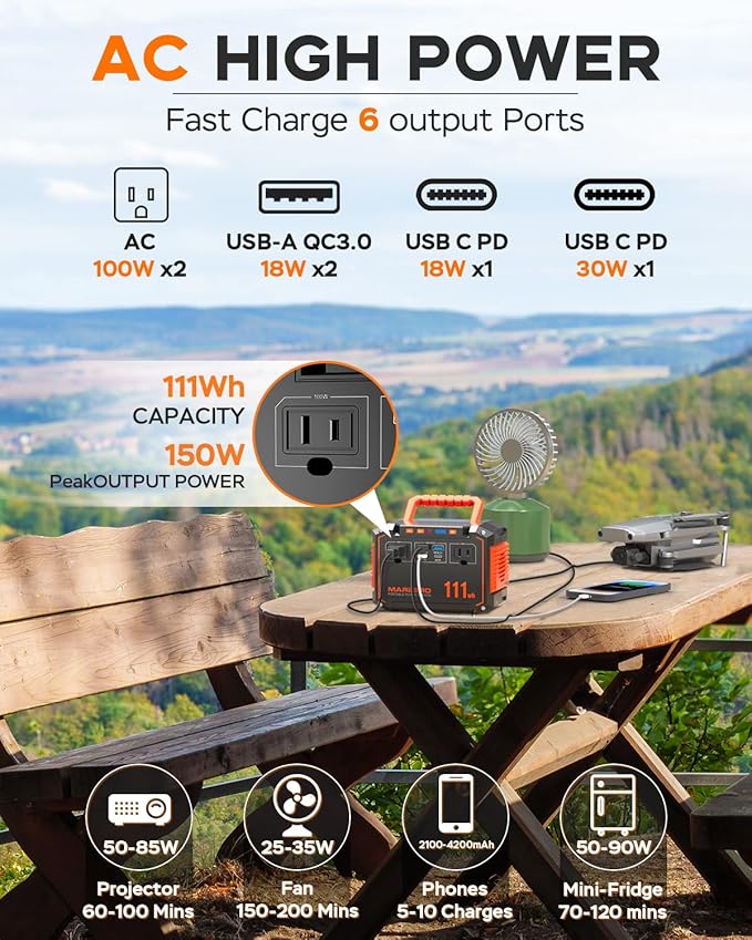 MARBERO 150W Peak Solar Generator with 30W Solar Panel 111Wh Camping Portable Power Station 110V Power Bank with AC Outlet(2*USB A, 2*USB C, 2*AC) for Outdoor Travel Home Blackout Emergency Hurricane