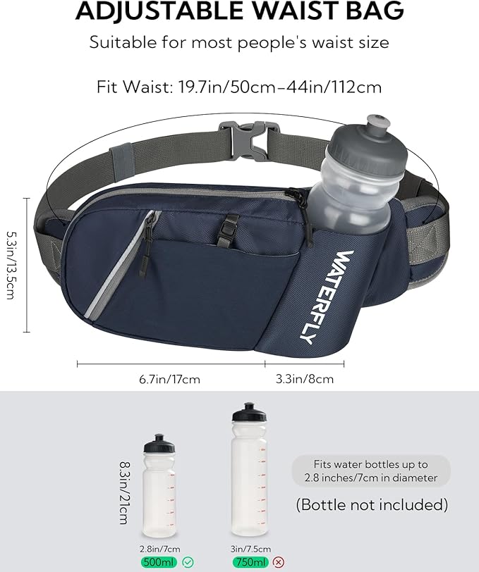 WATERFLY Fanny Pack Waist Bag: Hiking Water Bottle Holder with Strap Waist Pack for Women Men Hydration Hip Packs for Running Walking Traveling-Navy Blue