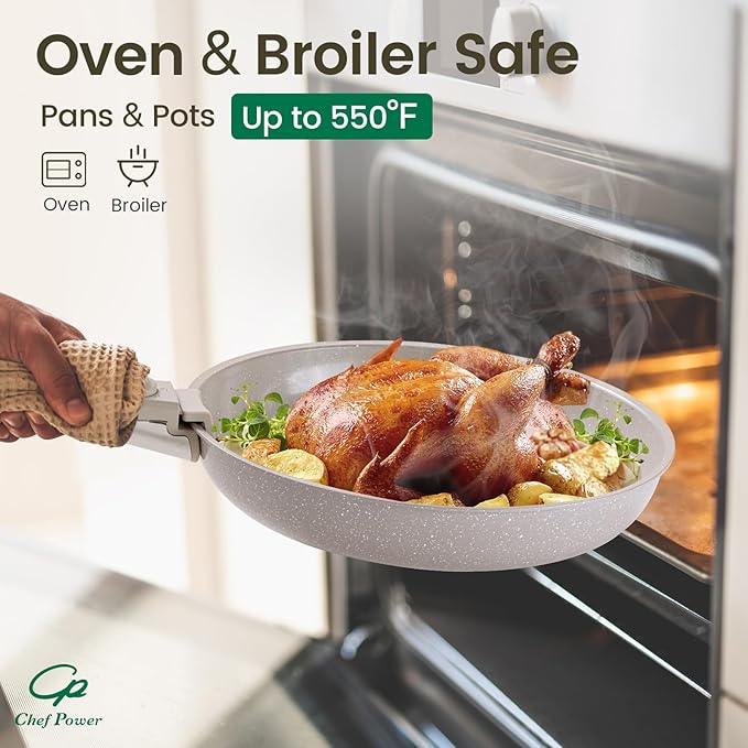 Chef Power Ceramic Nonstick Pots and Pans Set 19 Piece with Detachable Handle, Induction Dishwasher Oven Safe Cookware Set, RV Kitchen Set Removable Handle, Mocca Taupe