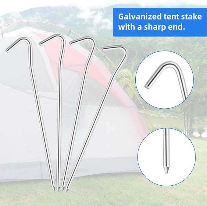 9" Tent Stakes, Heavy Duty Tarp Camping Stakes, Galvanized Metal Pegs for Outdoor Decorations, 20 PCS