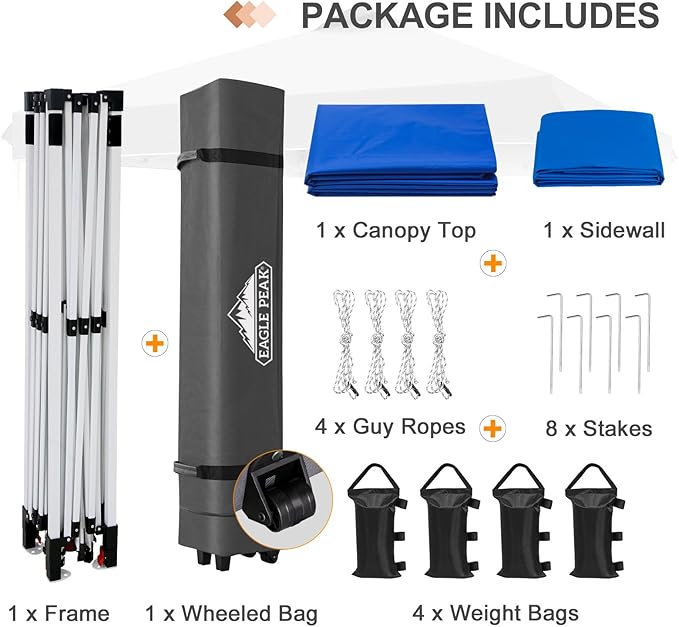 EAGLE PEAK Pop Up Canopy Tent with 1 Sidewall, Easy Setup Event Tent, Outdoor Sun Shade, Wheeled Carry Bag, Stakes and Guy Ropes, Instant Canopy 12x12, Blue