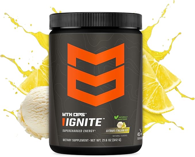 MTN OPS Ignite Energy Drink Powder, Naturally Gluten Free & Sweetened with Monk Fruit, Nitric Oxide Supplement Drink Mix, Caffeine & Nootropic Sugar Free Drink Mix, 45 Servings, Citrus Italian Ice