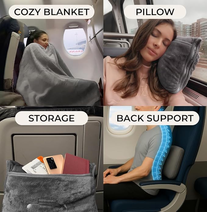 FlyHugz Grey Travel Blanket & Pillow Set (59.1"x47.2") with Carry Case, Luggage Sleeve & Clip – Portable, Lightweight, Breathable & Washable – Perfect for Plane, Car, Camping & Travel