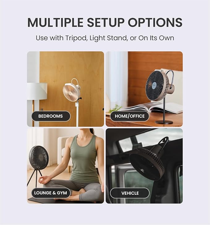 Claymore V600+ Warm Gray Rechargeable Portable Fan – 7,800mAh Battery, 4-Speed BLDC Ultra-Quiet Air Circulator USB-C Charging 32 Hrs Runtime Tripod Mountable Adjustable for Camping, Indoor, Outdoor