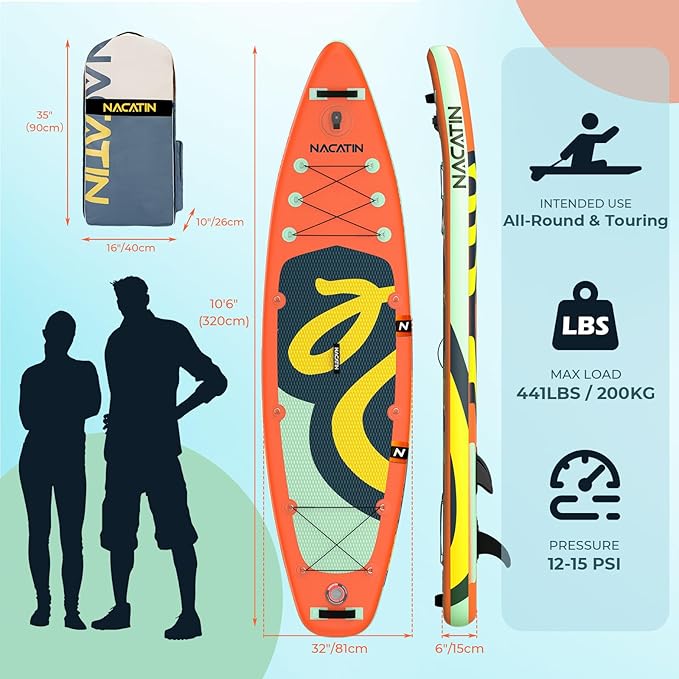 NACATIN Inflatable Stand Up Paddle Board with Kayak Seat,10'6"Upgrade Version Blow Up Paddle Boards for Adults with Premium SUP Accessories&Backpack,Adjustable Paddle,Camera Mount,Fins,Hand Pump