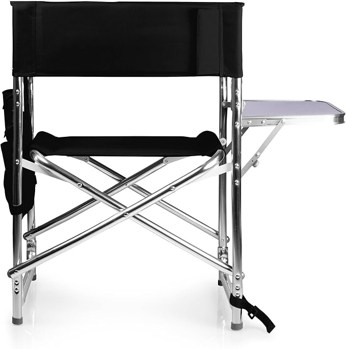 PICNIC TIME Sports Chair with Side Table, Outdoor Foldable Padded Adult Camping Chairs with Cup and Accessory Panel for Lawn, Beach, & Sports Use for Adults, up to 300-lbs Capacity, (Black)