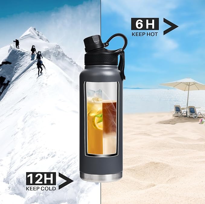 Stainless Steel Sports Water Bottle with Straw Lid Dustproof, 3 Lids, 24/32/40/64 oz BPA Free Vacumm Insulated Water bottle, Leakproof and Sweat Free, Perfect for The Go - 40 Oz Grey