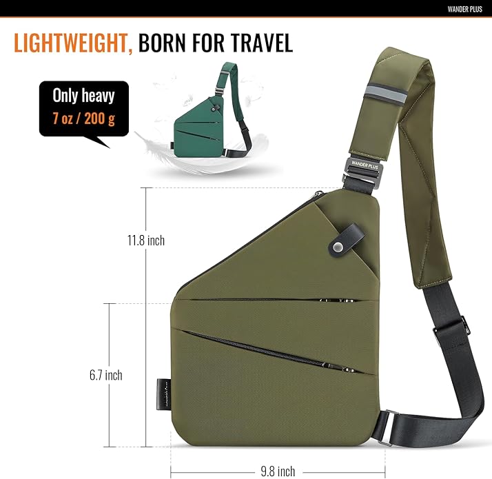 WANDER PLUS® Left Shoulder Anti Theft Crossbody Travel Bag for Women Men, Slim Sling Bag with Adjustable Strap