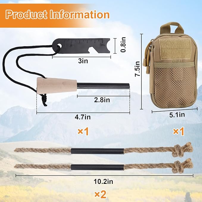 Fire Starter Survival Tool, Fire Starter Kit Includes Magnesium Rod, Steel Striker, 2 Pcs Wick Hemp Rope and Multifunctional Outdoor Bag, Fire Starters for Campfires Hiking Survival Training Gift