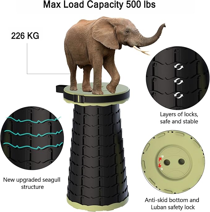ALEVMOOM Upgraded Collapsible Stool with Cushion & Carry Bag, 500lbs Max Weight Portable Telescoping Stool, More Sturdy Lightweight Retractable Seat Folding Chair for Camping & Outdoors
