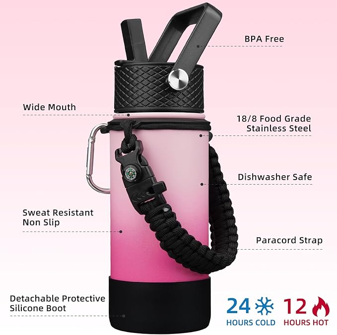 BJPKPK Water Bottle with Straw Lid, 18oz Insulated Water Bottles with 3 Lids, Paracord Handle & Non-slip Boot, Metal Stainless Steel Thermo, BPA Free Leak Proof Cups, Tumblers,Cherry