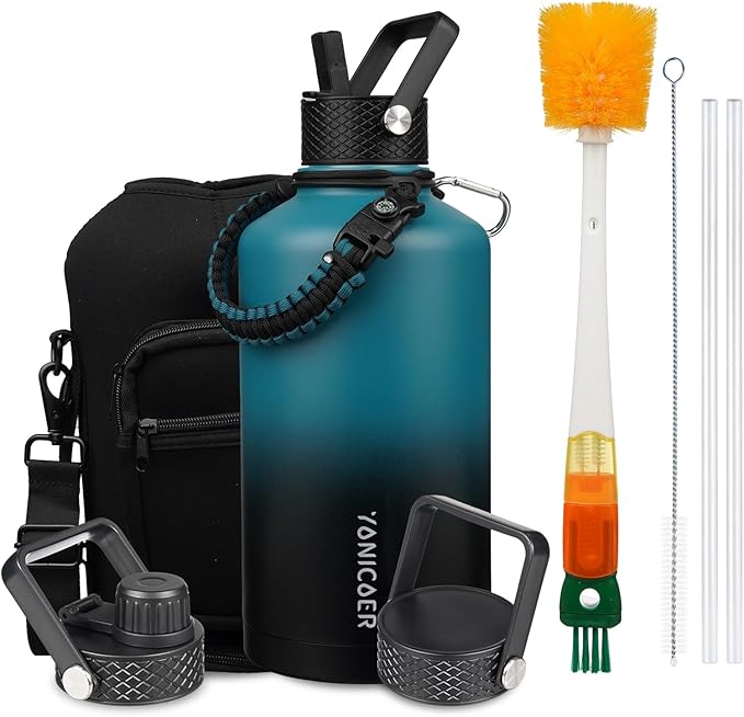 Insulated Water Bottle 87oz,Triple Wall Vacuum Stainless Steel(Dishwasher Safe),Leak Proof & Non-BPA,Flask Jug with Paracord Handle & Straw Spout Lids Sports Gradient indigo blue/black