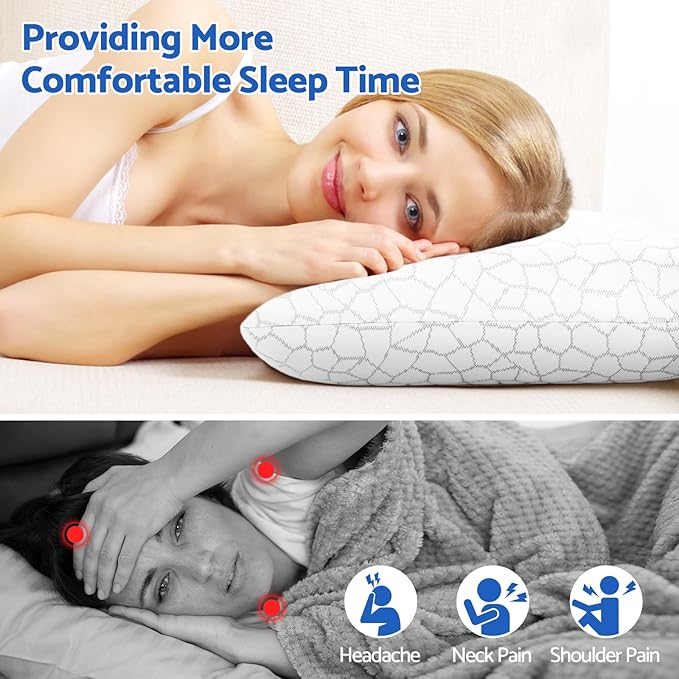 Memory Foam Pillows for Sleeping, Cooling Pillow with Removable and Machine Washable Cover, Bed Pillow for Side, Back and Stomach Sleepers, Standard Size (2 Pack)