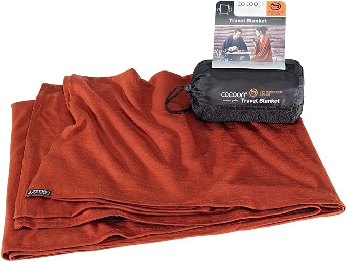 COCOON - Premium - Merino Wool/Silk Travel Blanket - Cozy, Soft, Warm, Lightweight - Dark Terracotta