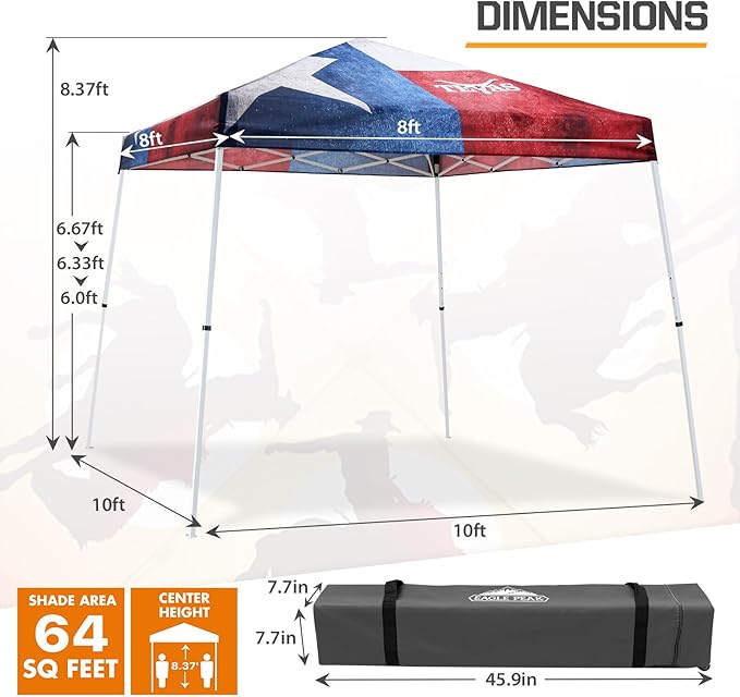 EAGLE PEAK 10x10 Slant Leg Pop-up Canopy Tent Easy One Person Setup Instant Outdoor Beach Canopy Folding Portable Sports Shelter 10x10 Base 8x8 Top (Texas Pride)
