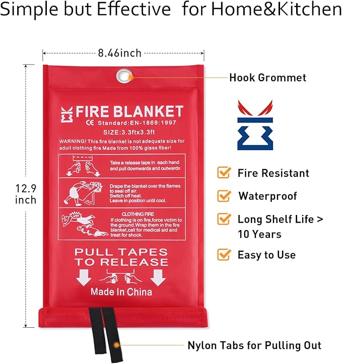 Fire Blanket for Kitchen Home Emergency - Fiberglass Blankets Fire Survival Suspension Flames Retardant Extinguisher Great for Stove Car Garage Office Camping Caravan BBQ Safety (8-Pack)