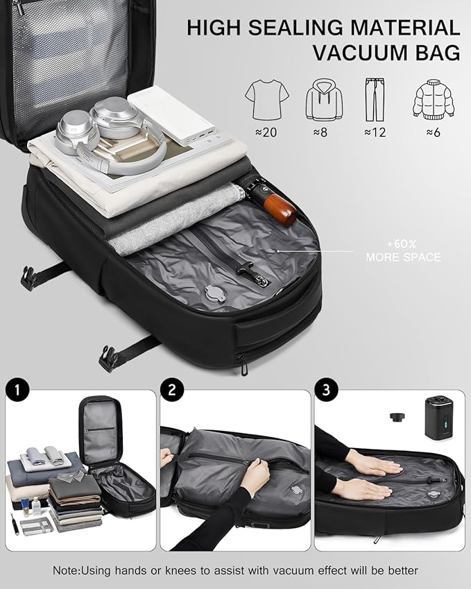 Fiordcase Vacuum Rolling Backpack with Vacuum System, Pump and Charging Port, Carry On Luggage with Vacuum Seal Bag, Wheels, TSA Lock, Travel Suitcase with Vacuum Compression Bag for 17" Laptop