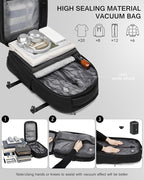 Fiordcase Vacuum Rolling Backpack with Vacuum System, Pump and Charging Port, Carry On Luggage with Vacuum Seal Bag, Wheels, TSA Lock, Travel Suitcase with Vacuum Compression Bag for 17" Laptop