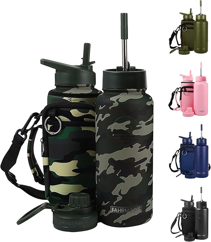 32 Oz Insulated Water Bottle with Strap Stainless Steel Sports Water Bottle with 3 Lids (Straw, Chug & Flip Lid) 1 Liter Leak Proof Insulated Metal Jug for Men & Women - Camo