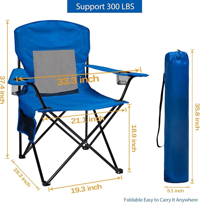 Outdoor Camping Chairs Set of 2, Folding Portable Foldable Lawn Chair Support 300lbs with Cooling Mesh Backrest, 2 Cup Holder, Side Pocket for Concert, Carry Bag for Sports(Blue Mesh,2 Pack)