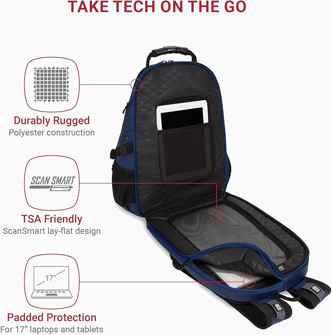 SwissGear 1900 ScanSmart 17” Laptop Backpack Navy Ballistic – Reflective Tech Backpack with ScanSmart Compartment – Multiple Organizer Pockets & RFID Scan Blocking Technology