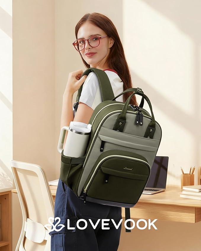 LOVEVOOK Laptop Backpack Women with Giant Cup Holder,18.4 inch Work Travel Backpack Computer Laptop Bag,Cute College Nurse Teacher Backpack Purse,Gift for Women & Men,Olive green-Bean green-Kelp green