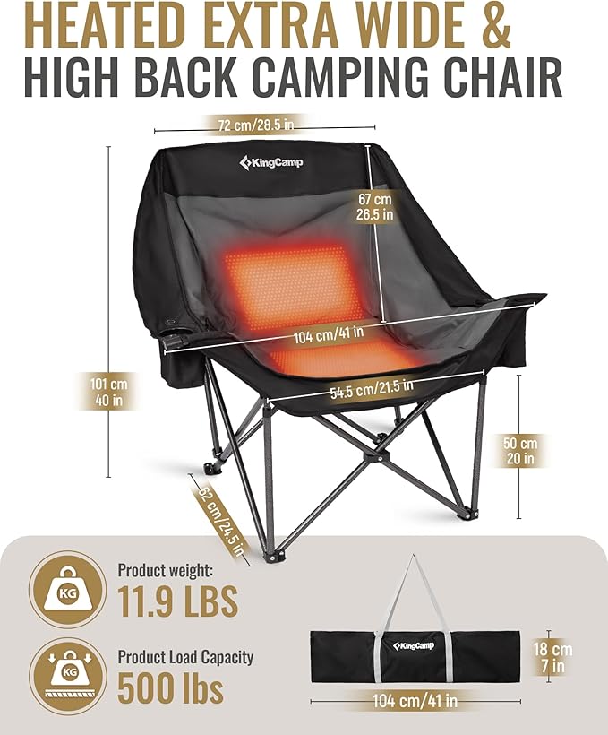 KingCamp Heated Oversized XL Camping Chair, Heavy Duty 500lbs Folding Couch for Adults, Padded Large Comfortable Sofa Seat 3 Heat Levels with Cooler Bag for Outdoor Sports Fishing Lawn, Black/Grey