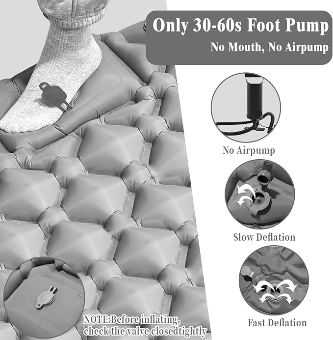 MEI&CO Lightweight Convertible Double Inflatable Camping Pad – 2-in-1 Single Pads Built-in Pillow – Quick Inflate Foot Pump, 660lb Capacity – Perfect for Couples & Family Adventures (2, Gray)